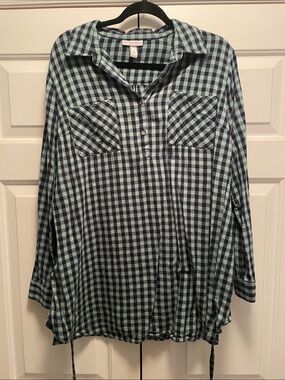 Liz Lange for Target Teal and Navy Plaid Button-Front Tunic Shirt